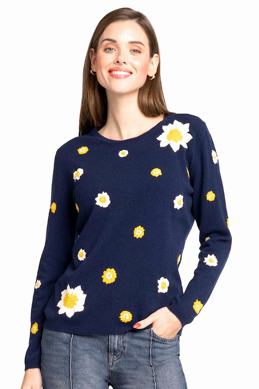 PULL COL BATEAU FLEURS BRODÉES NAVY