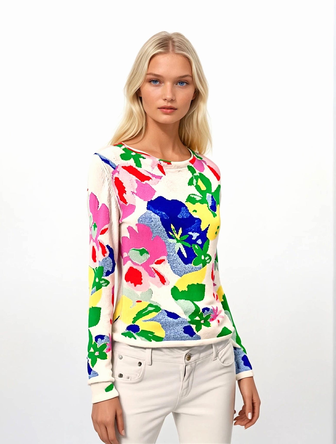 PULL COL BATEAU MOTIF FLORAL WHITE