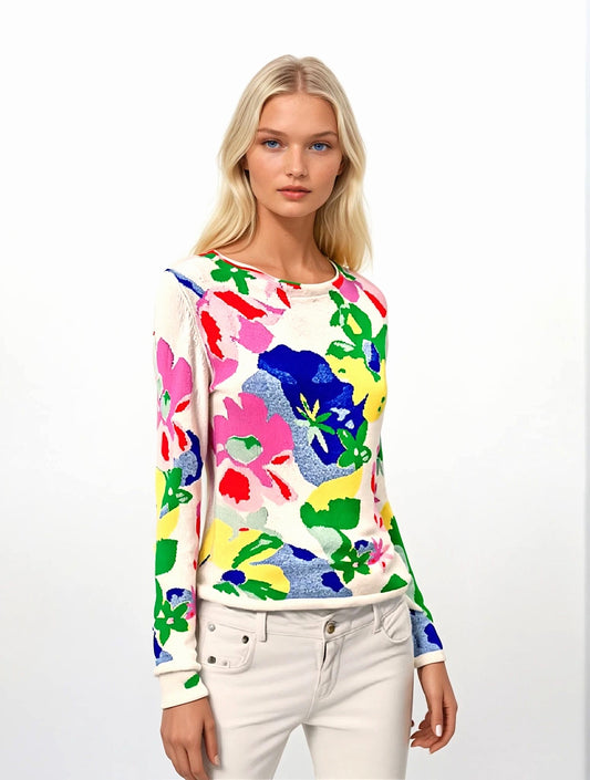 PULL COL BATEAU MOTIF FLORAL WHITE