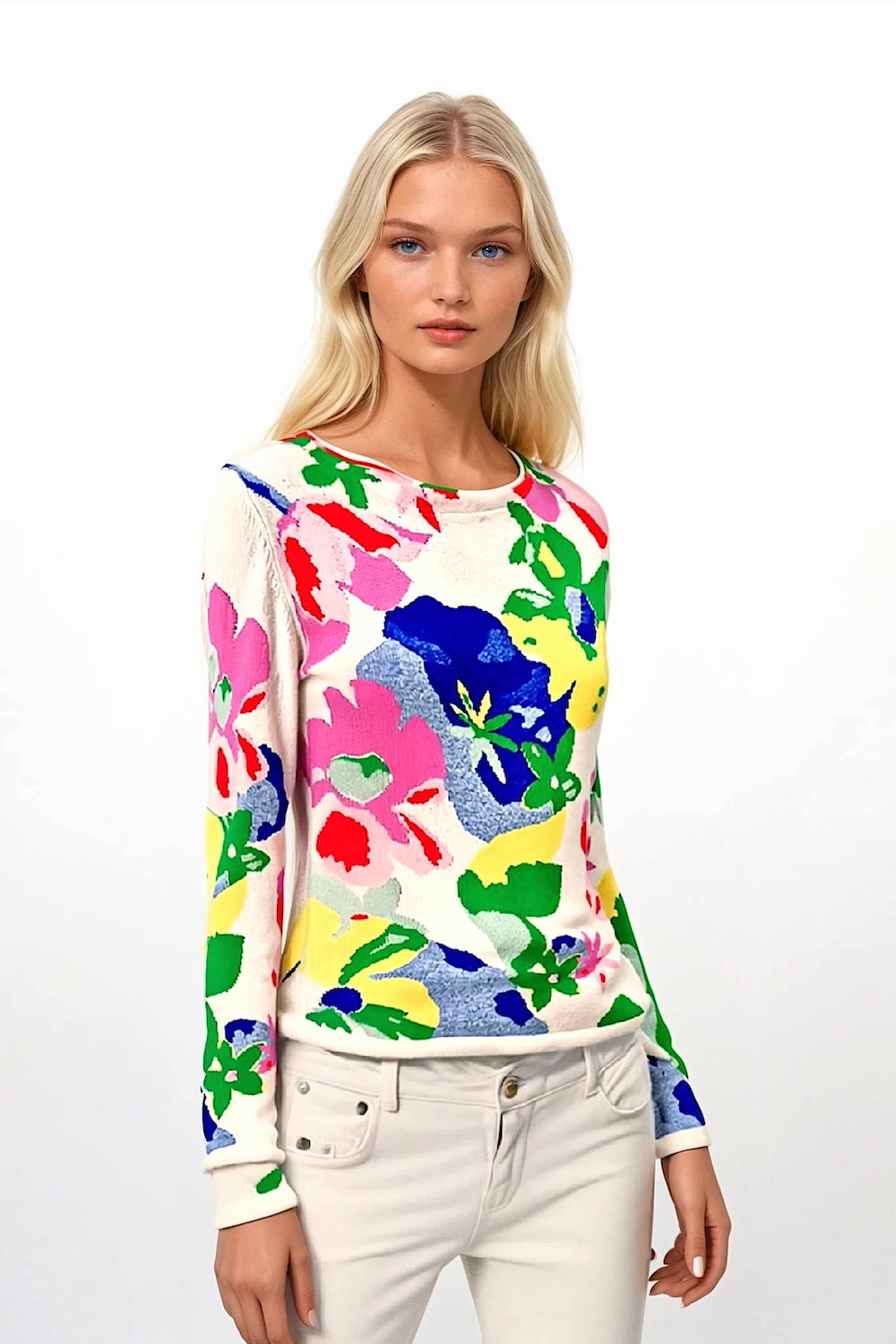 PULL COL BATEAU MOTIF FLORAL WHITE