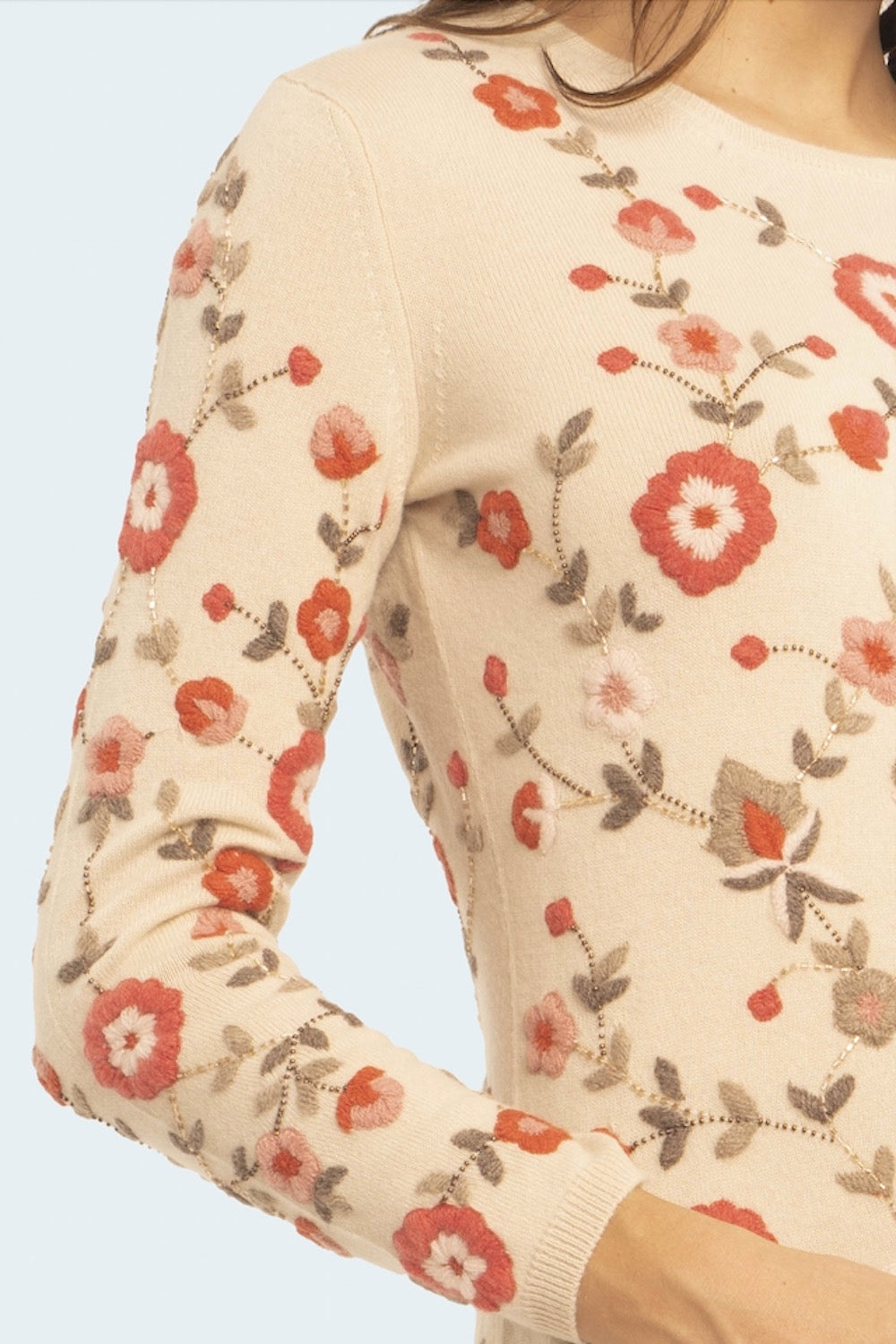 PULL COL ROND BRODÉ FLEURS CREAM