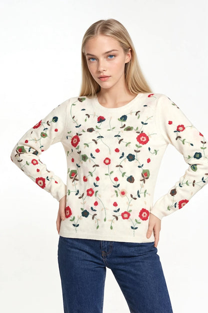 PULL COL ROND BRODÉ FLEURS WHITE 8001 WHITE