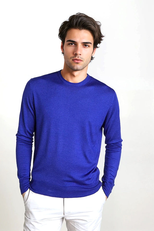 PULL COL ROND CACHEM-SOIE UNI NIGHT BLUE
