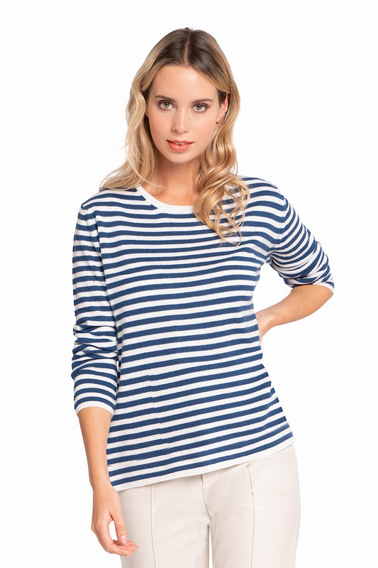PULL COL ROND CACHEMIRE RAYÉ 8001-21677 WH-NAVY