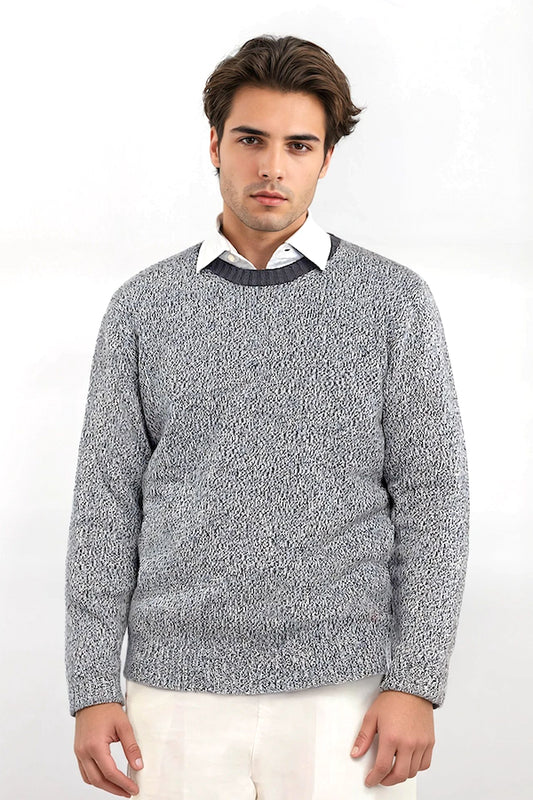 PULL COL ROND CHINÉ 4-FILS VAR.A NAVY/ROYAL