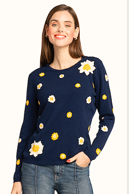 PULL COL ROND FLEURS BRODÉES NAVY W3320 NAVY