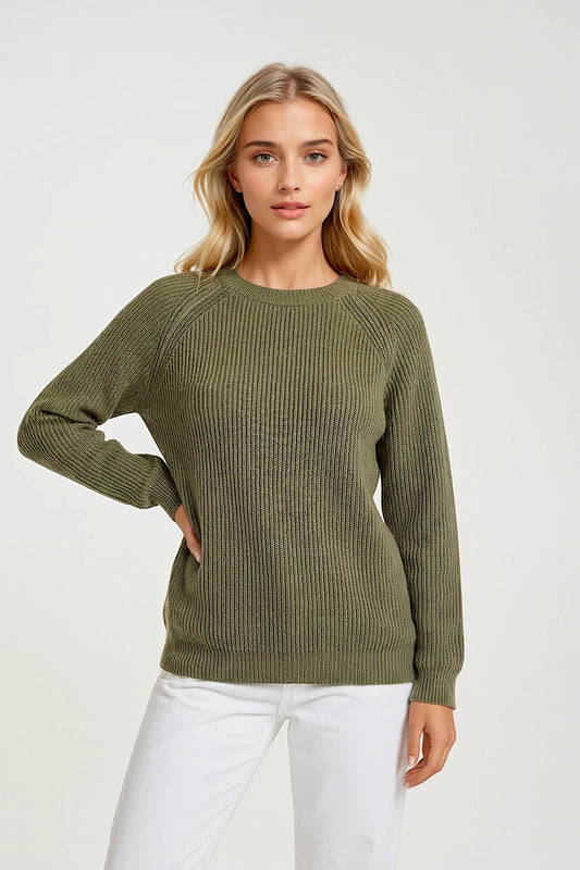 PULL COL ROND MAILLE ANGLAISE KHAKI 20618 KHAKI