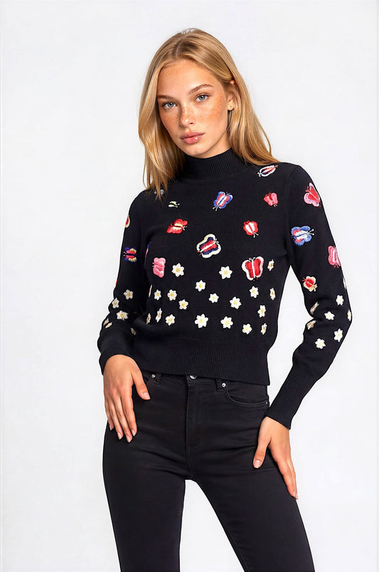 PULL COL ROULÉ CACHEMIRE BRODÉ BLACK 8010 BLACK