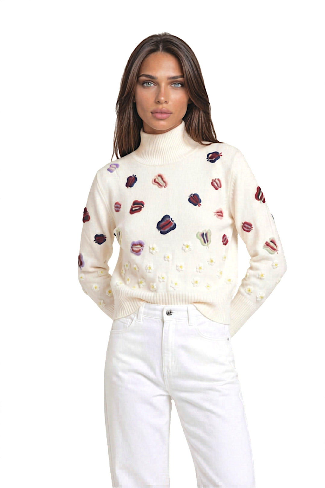 PULL COL ROULÉ CACHEMIRE BRODÉ WHITE 8001 WHITE