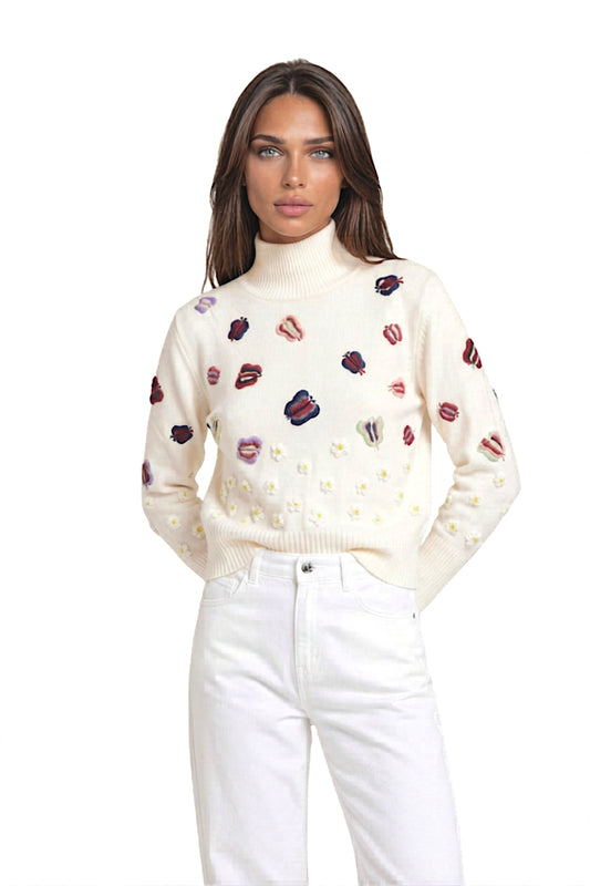 PULL COL ROULÉ CACHEMIRE BRODÉ WHITE 8001 WHITE