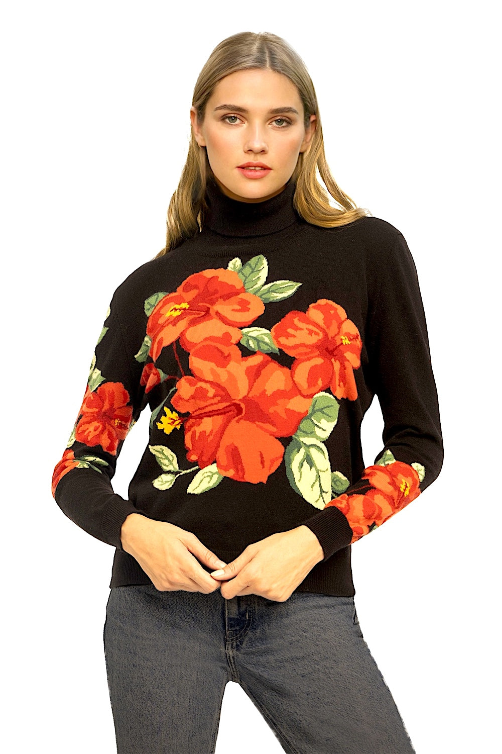 PULL COL ROULÉ FLEURS ROUGES BLACK