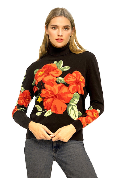 PULL COL ROULÉ FLEURS ROUGES BLACK