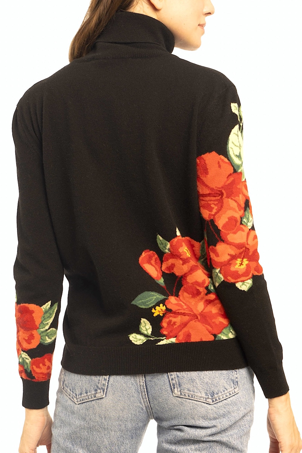 PULL COL ROULÉ FLEURS ROUGES BLACK