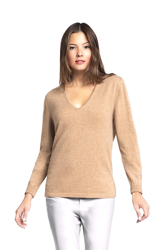 PULL DROIT COL V CACHEMIRE TAUPE