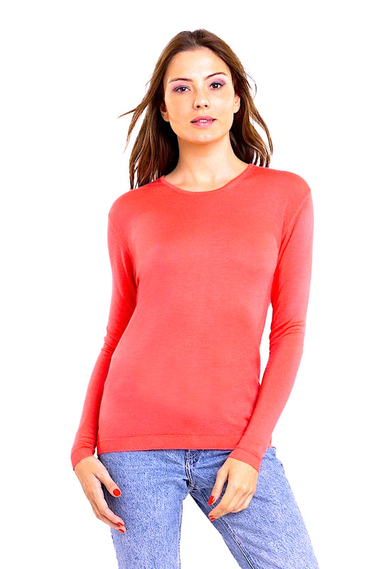 PULL FIN CACHEM-SOIE COL ROND CORAL RED