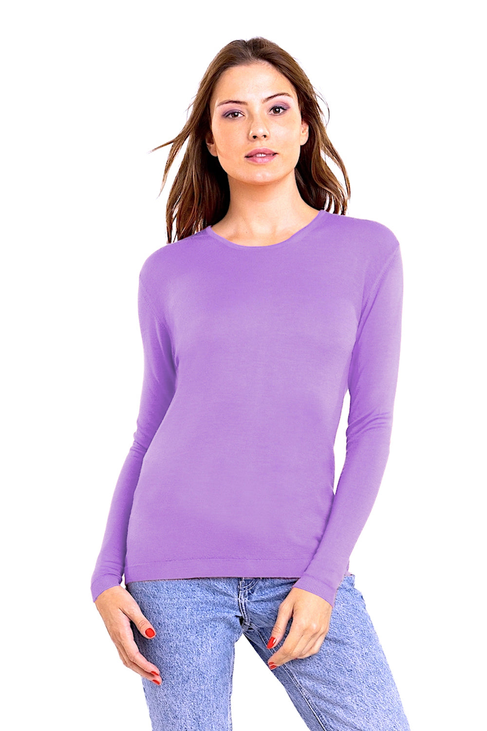 PULL FIN CACHEM-SOIE COL ROND FUSHIA