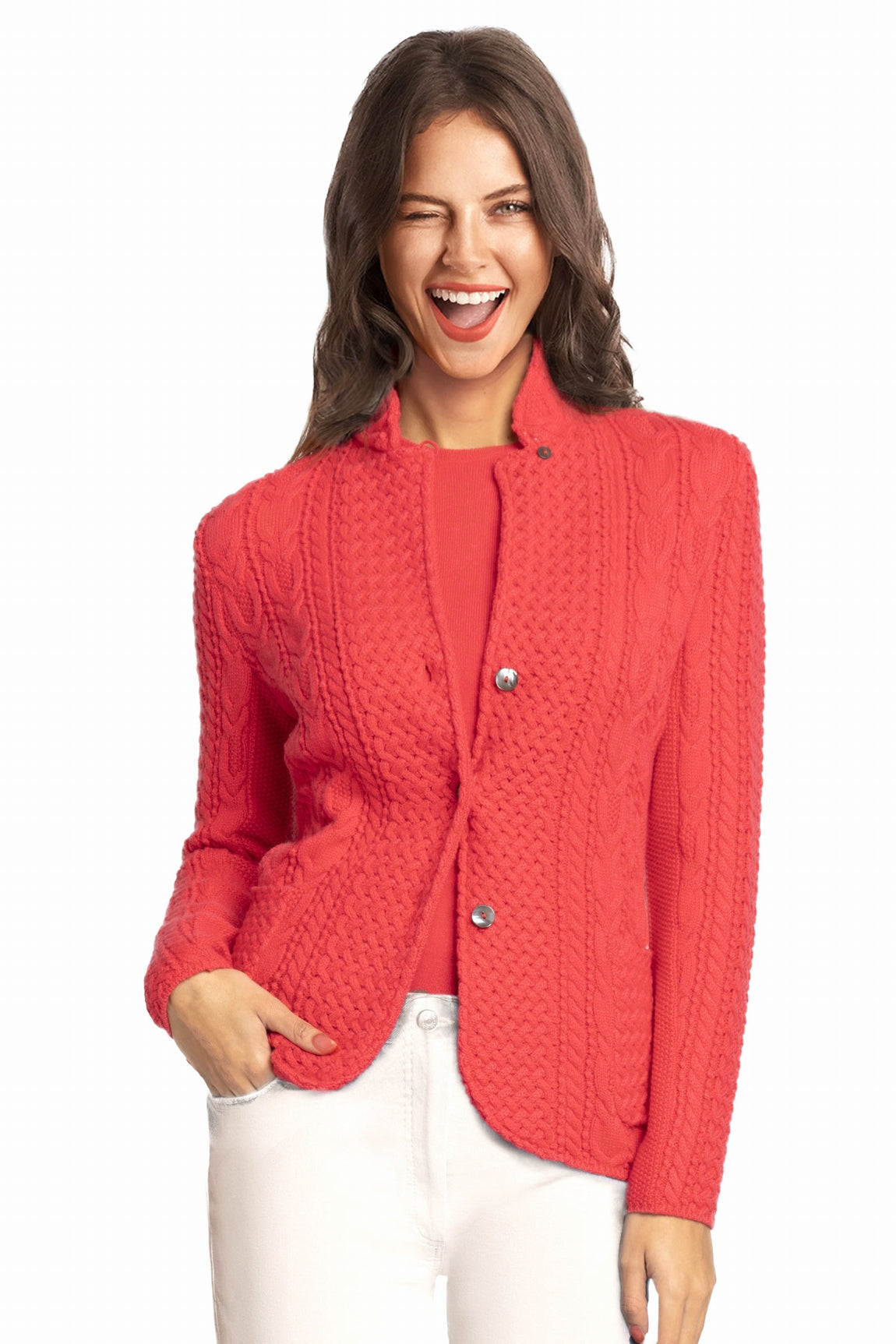 VESTE COL OFFICIER ARAN CORAL RED