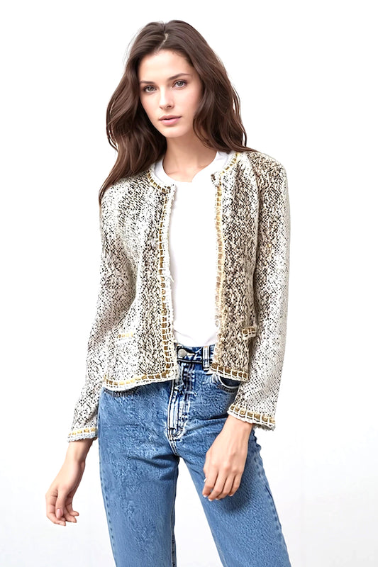 VESTE COURTE TRAMÉE COL ROND BEIGE MIX 8072 BEIGE MIX