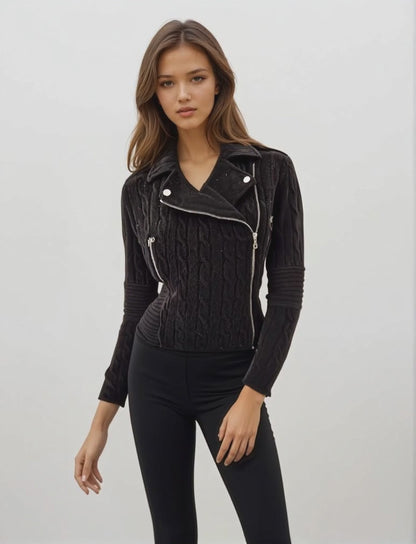 WOMEN'S 100% CASHMERE CABLE MOTORBIKE JACKET. D-26014/42ML