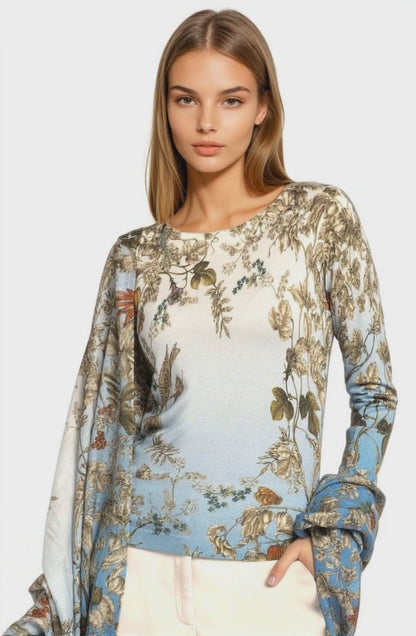 PULL LÉGER IMPRIMÉ COL ROND FEMME 80 % CACHEMIRE 20 % SOIE. 77200/20MLST558