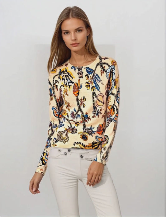 WOMEN'S CASHMERE & SILK PRINTED CREW NECK